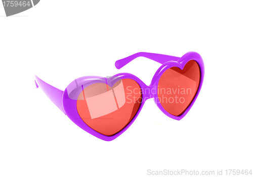 Image of Red with pink glasses in the shape of a heart on a white