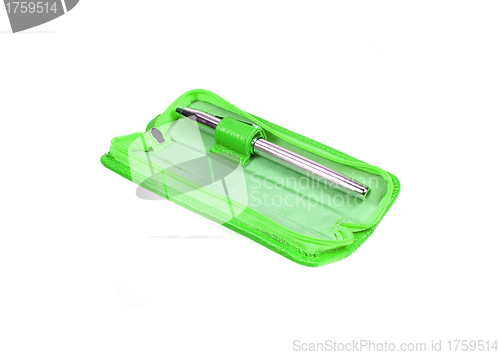 Image of Green pen case isolated