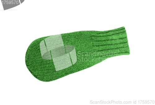 Image of Green wollen knitted mitten over white background