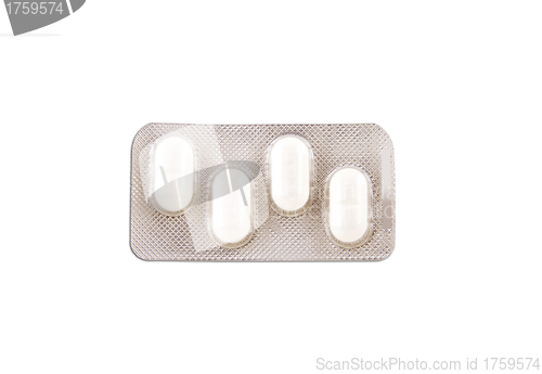 Image of pack of white medicine pills on white background