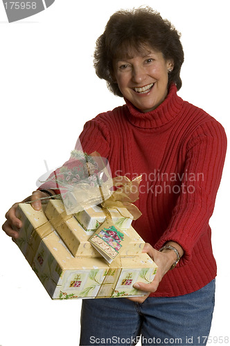 Image of happy woman with gifts stack