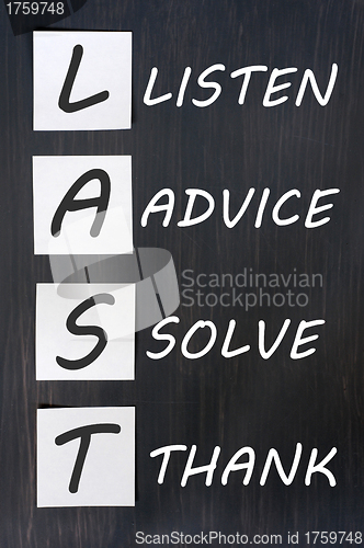 Image of Acronym of LAST for listen, advice, solve, thank