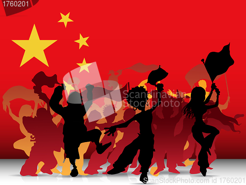 Image of China Sport Fan Crowd with Flag