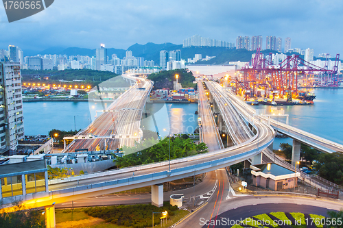 Image of City scene night traffic in Hong Kong