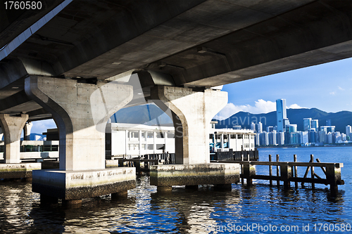 Image of Hong Kong skyline along the seashore under bridges