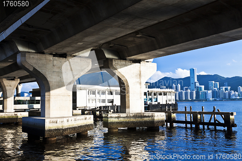 Image of Hong Kong skyline along the seashore under bridges