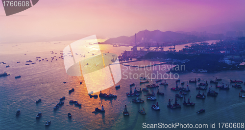 Image of Sunset coast in container terminal and bridges 