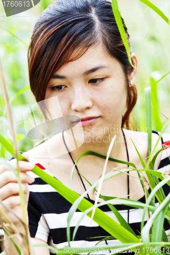 Image of Asian woman in nature with grasses