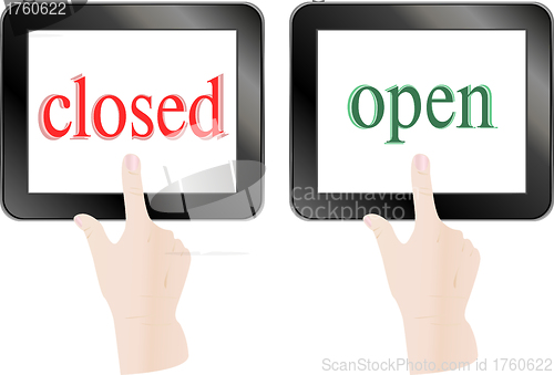 Image of Hands finger touch screen tablet pc with open closed theme