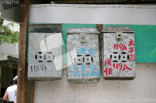 Image of Chinese postboxes hanging on wall