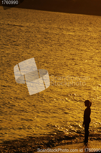 Image of Woman standing along the coast at sunset