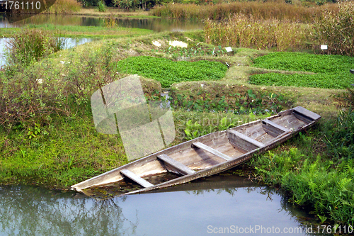 Image of Single wooden boat at pond