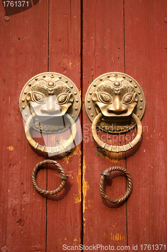 Image of Double lion knobs on an old wooden gate