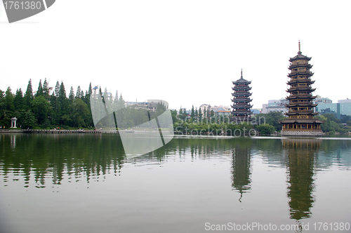 Image of Golden tower and silver tower in the city of Guilin, China 