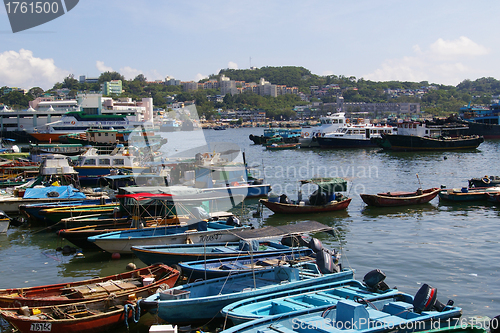 Image of Cheung Chau sea view in Hong Kong, with fishing boats as backgro