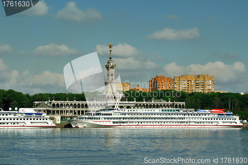 Image of The building of river station with  ships