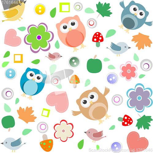 Image of Seamless background with owls, leafs, mushrooms and flowers