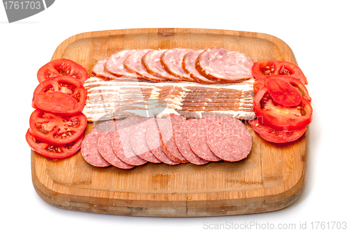 Image of Assorted Slice Sausage, Bacon and Tomato on Cutting Board