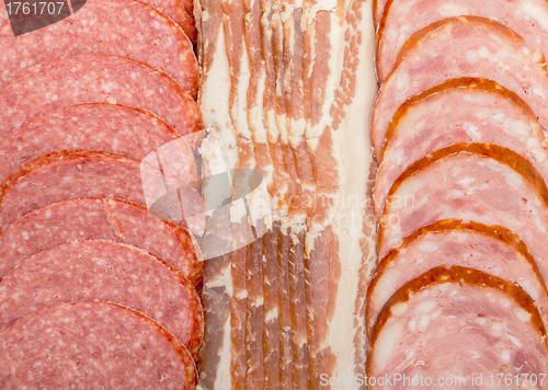 Image of Background of Assorted Slice Sausage and Bacon