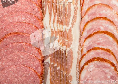 Image of Background of Assorted Slice Sausage and Bacon