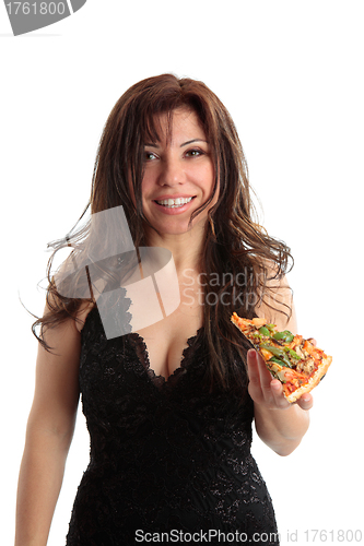 Image of Woman holding a slice of pizza