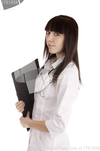 Image of Young doctor girl on white