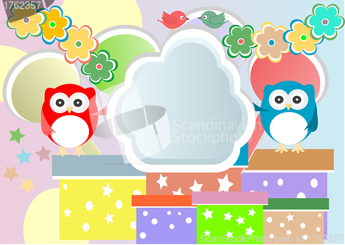 Image of Vector birthday party card with cute owl and birds