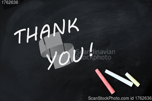 Image of Thank you written with chalk on a smudged blackboard