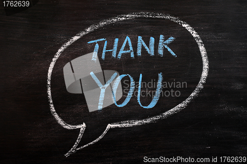 Image of Thank you written with blue chalk on a smudged blackboard