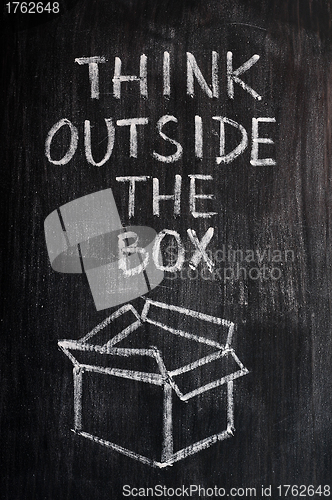 Image of Concept of "Think Outside the box" drawn with chalk on a blackboard 