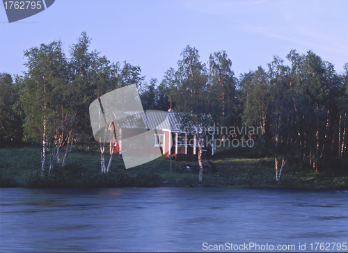 Image of Lake ,house and sunset