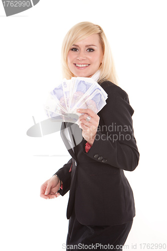 Image of Ecstatic woman with a fistful of money
