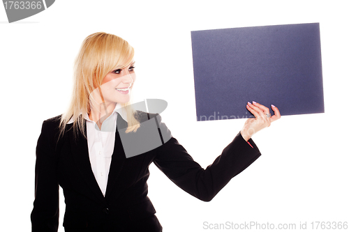 Image of Stylish woman holding up a grey card