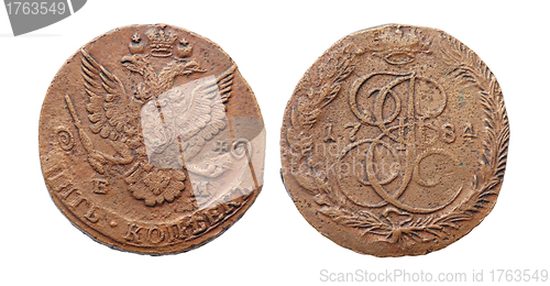 Image of Coin of imperial Russia. 5 cents in 1784. Minting of Catherine I