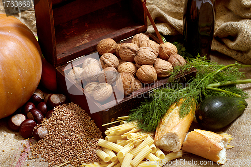 Image of Still Life With Chest, Nuts, Pumpkin, Bread 