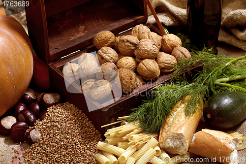 Image of Still Life With Chest, Nuts, Pumpkin, Bread 