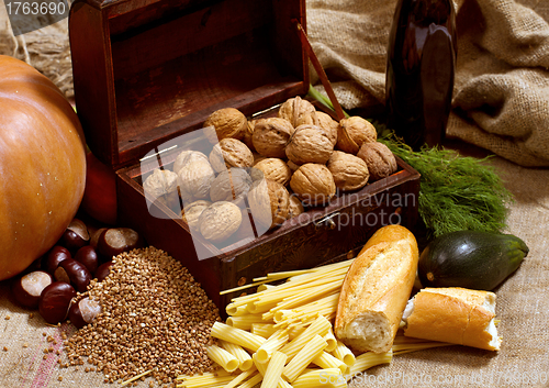 Image of Still Life With Chest, Nuts, Pumpkin, Bread 