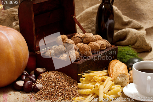 Image of Still Life With Chest, Nuts, Pumpkin, Bread 