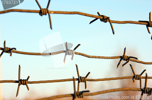 Image of barbed wires against blue sky.