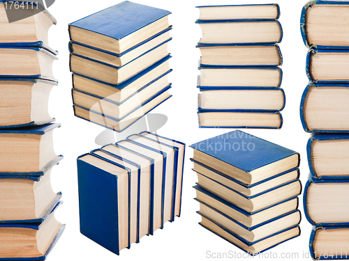 Image of Collage with stacks of books isolated on white