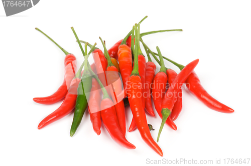 Image of One Green between red chili peppers