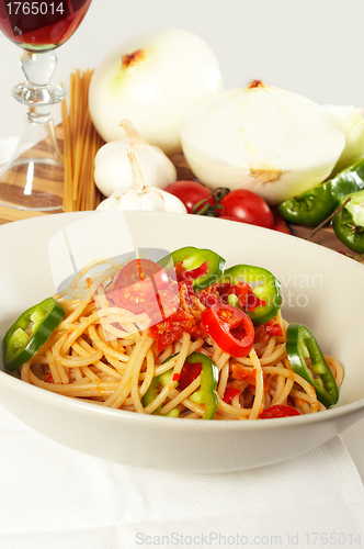 Image of spicy italian pasta tomato and chili peppers sauce