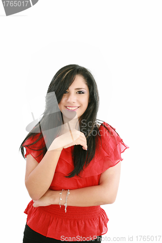 Image of Portrait of a happy young business woman standing with folded ha
