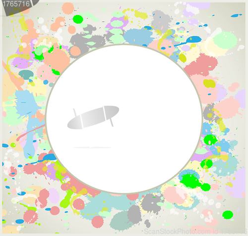 Image of Greeting card with splashes and  drops. Decorative frame from drops and splashes.