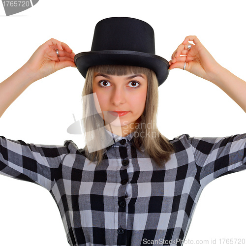Image of Girl in a black silk hat, isolated on white