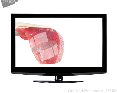 Image of Sushi with chopstick in monitor