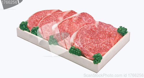 Image of the pieces of raw meat in box isolated