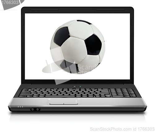 Image of small laptop with soccer football ball