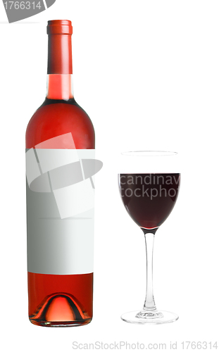 Image of Bottle of red wine with glass on white background