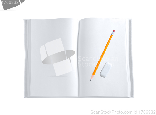 Image of white sketch book and sepia pencil isolated on white